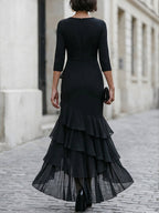 Three-Quarter Sleeve Asymmetric Ruffle Maxi Dress
