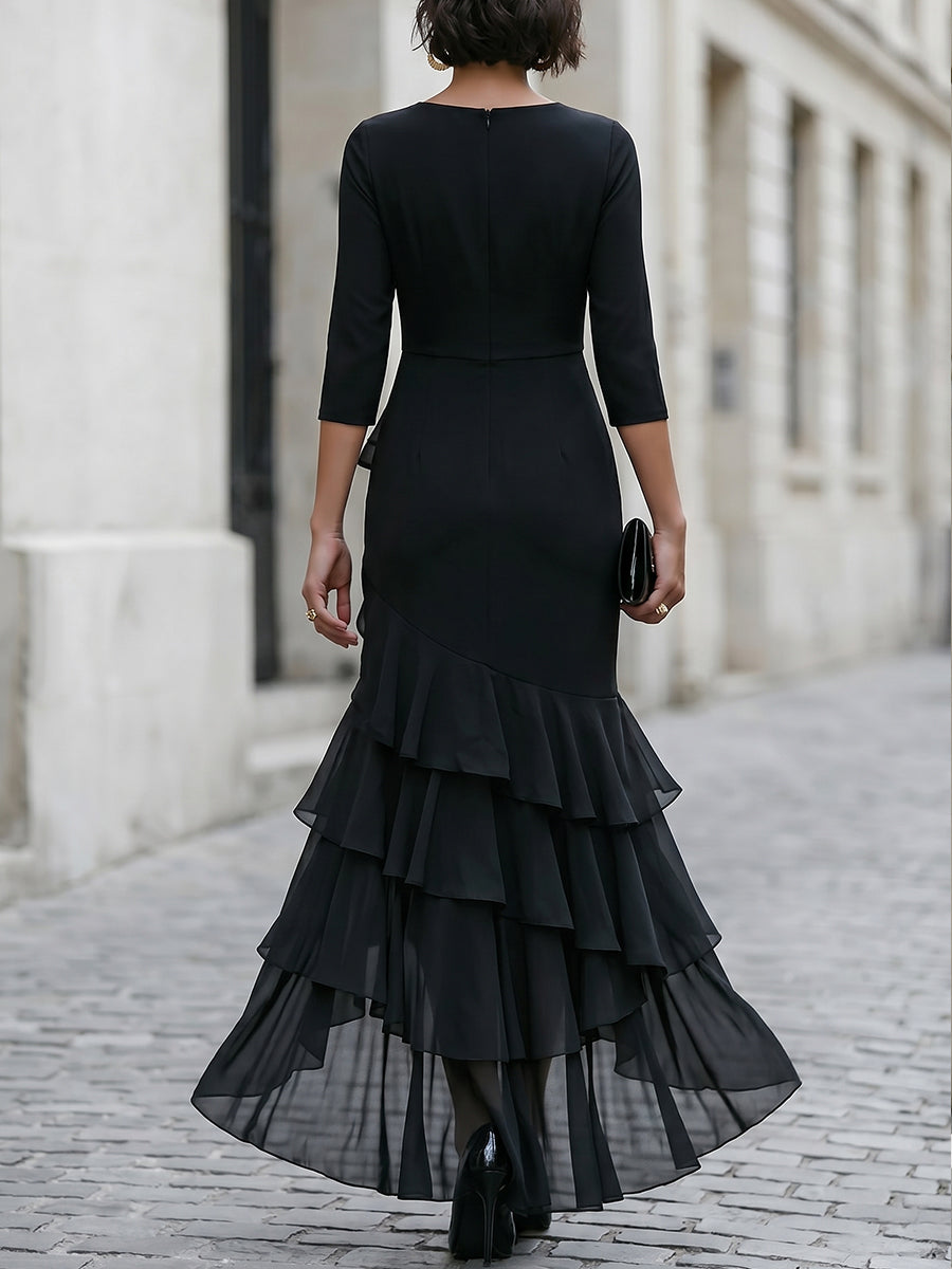 Three-Quarter Sleeve Asymmetric Ruffle Maxi Dress