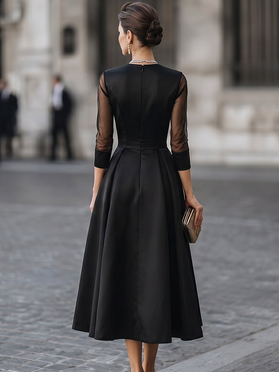 Plunging V Neck Sheer Mesh Sleeve Glossy Satin Swing Midi Dress