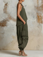 Relaxed Cargo Denim Set Drawstrings At The Cuffs