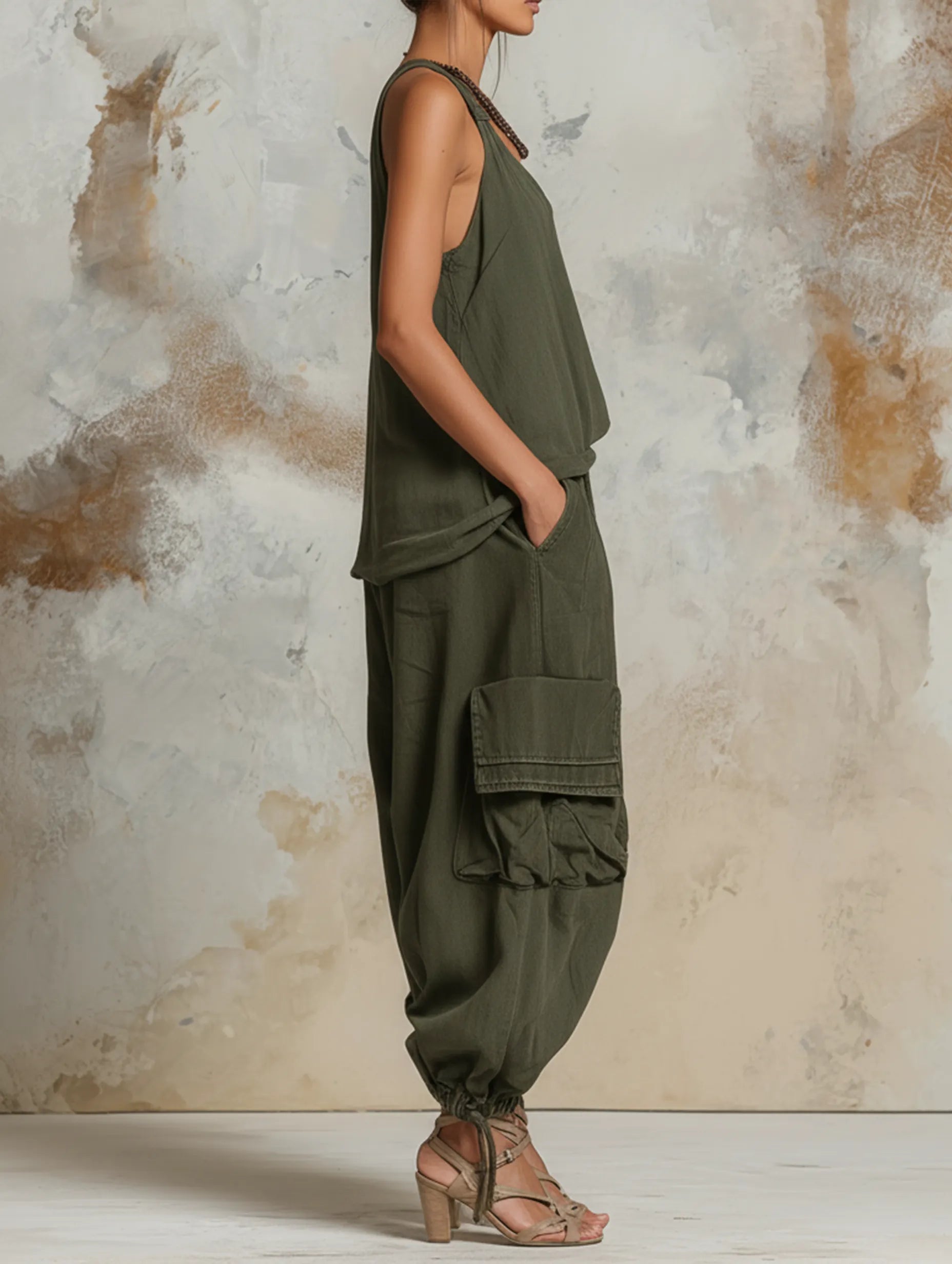 Relaxed Cargo Denim Set Drawstrings At The Cuffs