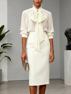 Women Beige Bow Pleated Tie Neck Sleeveless Elegant Top With Skirt Two-Piece Set