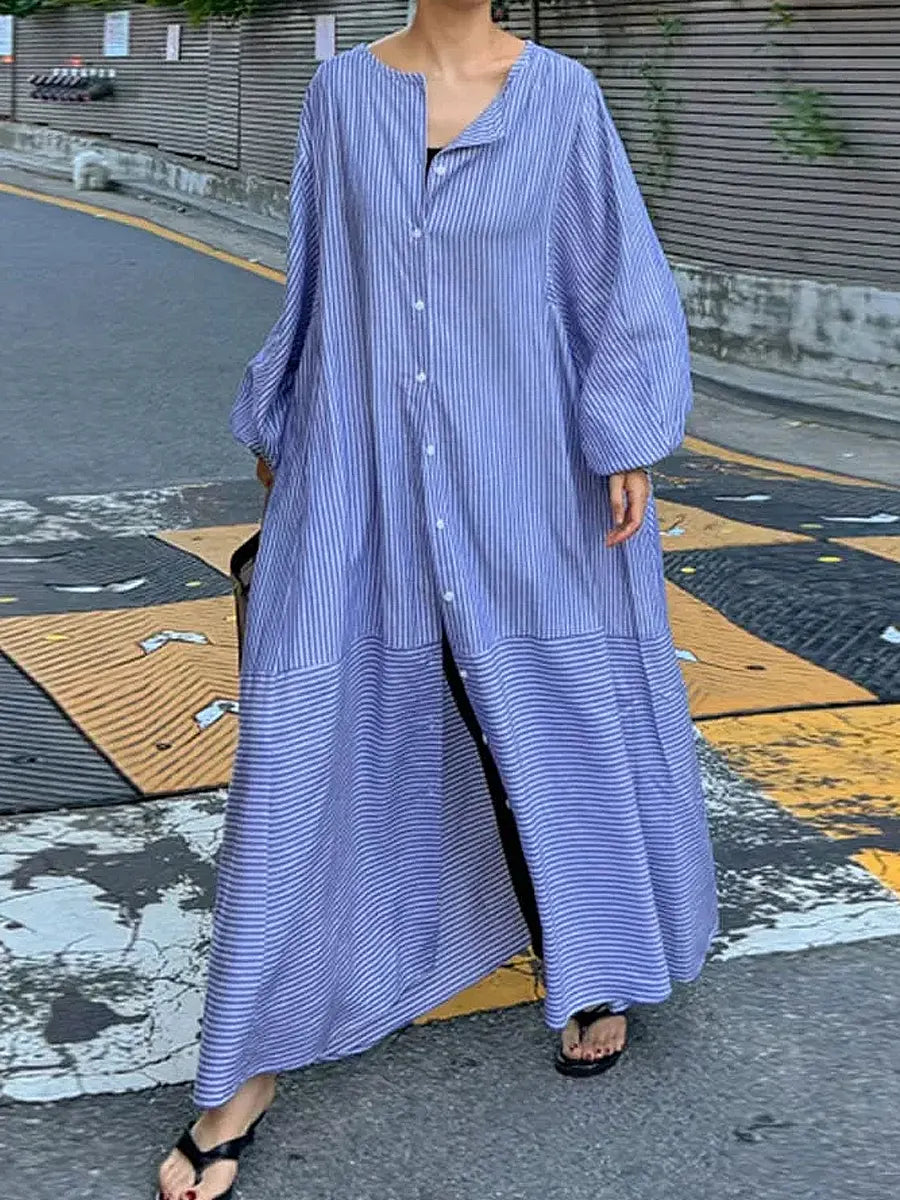 Women's Retro Striped Art Casual Button Cotton Linen Maxi Dress