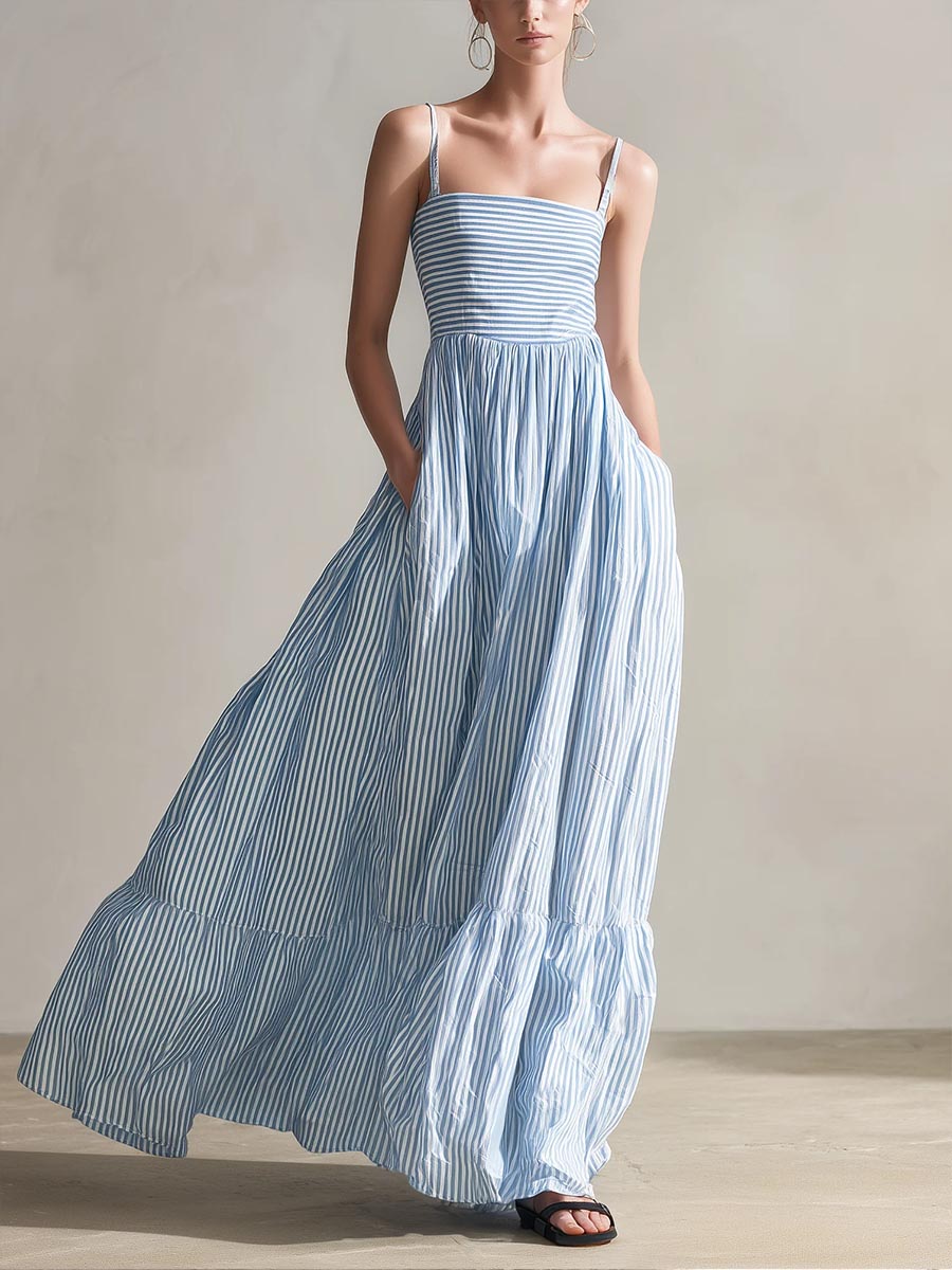 Women's Striped Print Sleeveless Casual Loose-fit Cotton-linen Sundress