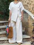 Casual Striped Linen And Cotton Two-piece Top And Pants Set