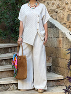 Casual Striped Linen And Cotton Two-piece Top And Pants Set