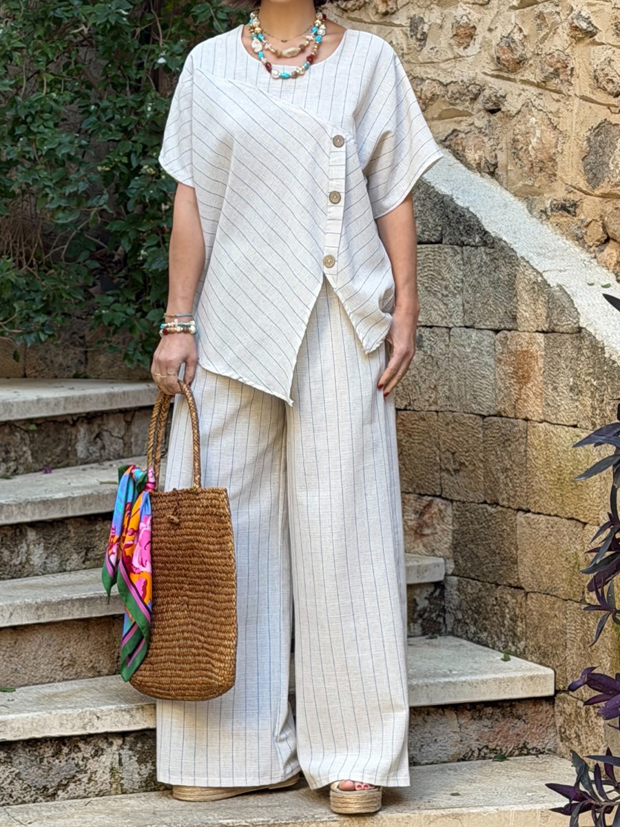 Casual Striped Linen And Cotton Two-piece Top And Pants Set