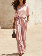Women's Casual One-shoulder Top And Striped Wide-leg Pants Set