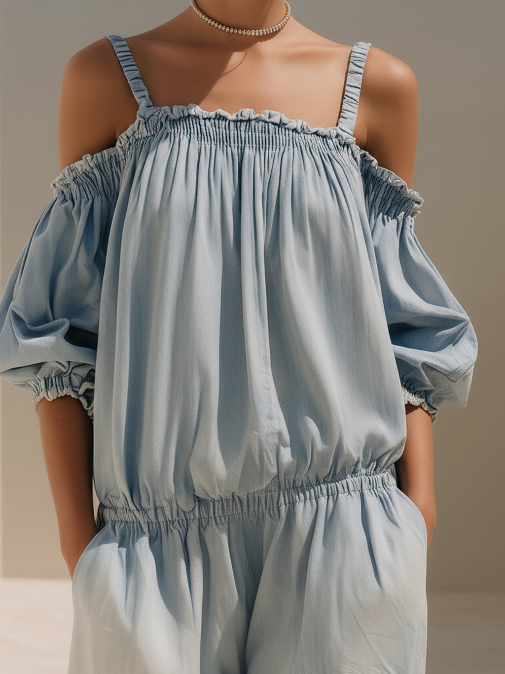 Off-Shoulder Ruffled Puff Sleeve Denim Jumpsuit