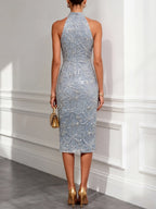 Light Blue 3D Floral Classic Halter Neck Sleeveless Sheath Denim Midi Dress