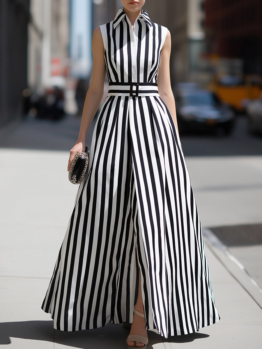 Striped Sleeveless Belted Elegant Dress