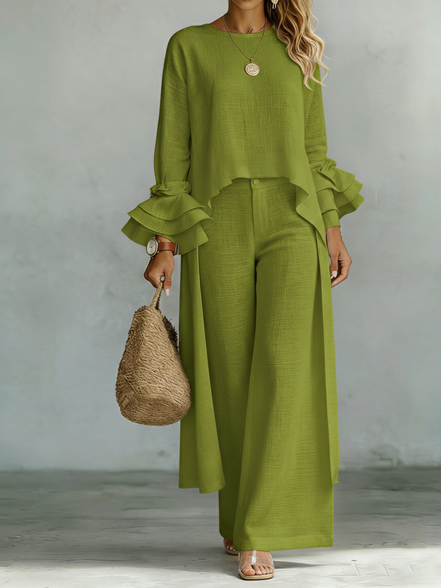 Casual Linen And Cotton Top And Pants Two-piece Set