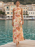 Orange Floral Bow Chiffon Halter Sleeveless A-Line Maxi Dress