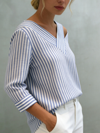 Stylish Off-shoulder Loose-fit Striped Cotton-linen Shirt