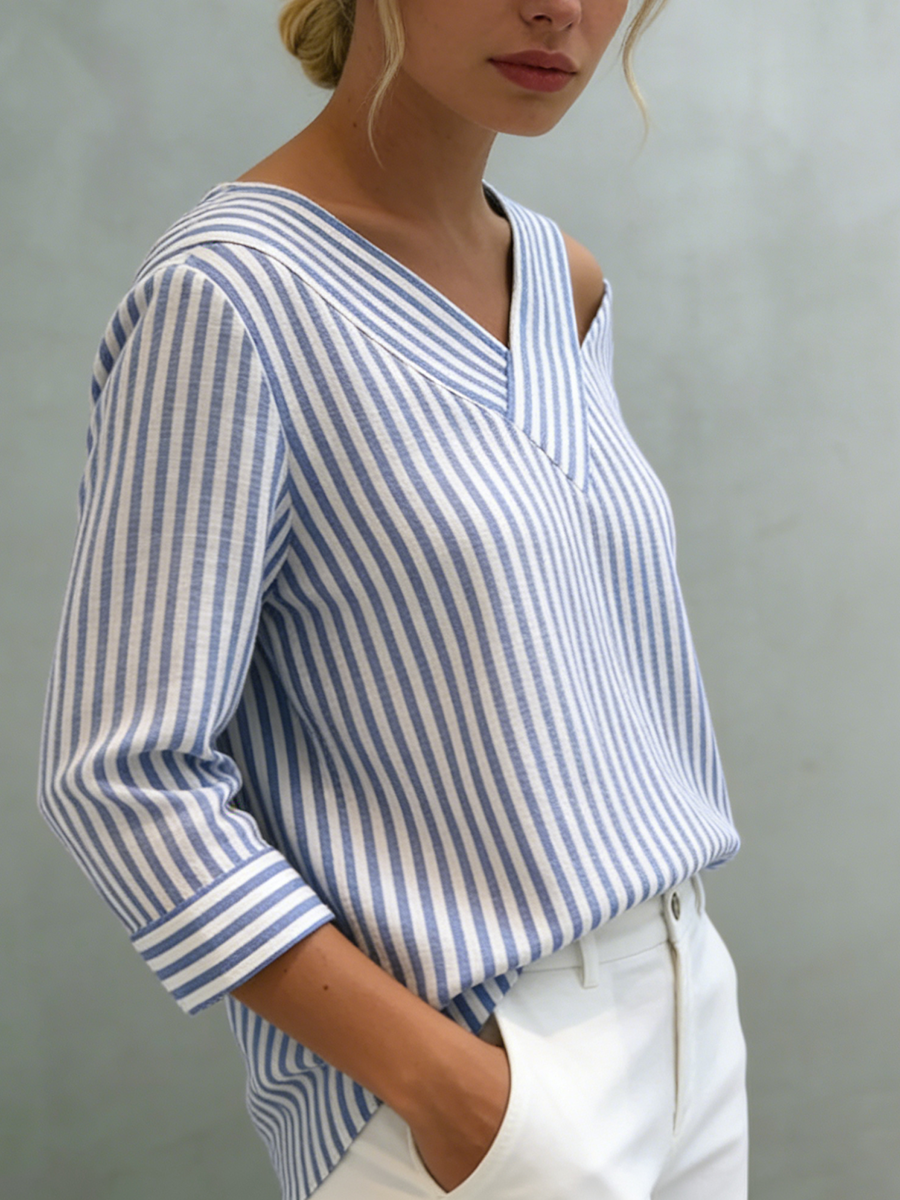 Stylish Off-shoulder Loose-fit Striped Cotton-linen Shirt