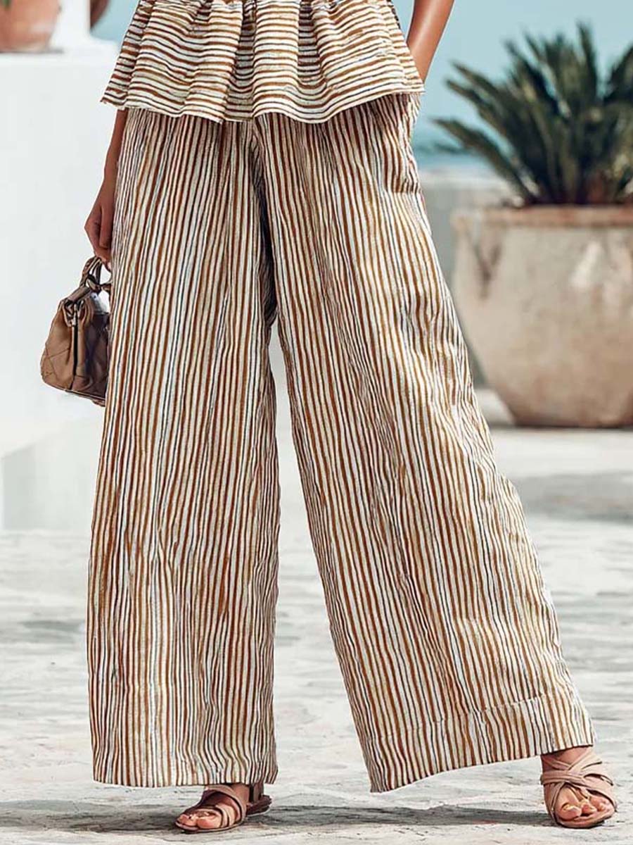 Women's Striped Stylish Casual Top And Pants Vacation Cotton Suits