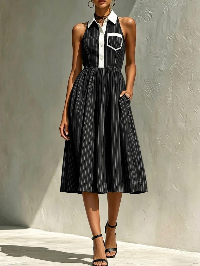 Striped Color-block Lapel Sleeveless A-line Dress With Cinched Waist
