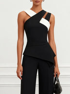 Women Black Cross Pocket Stitching Halter Sleeveless Dressy Jumpsuit