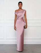 Pink Satin One Shoulder Sleeveless Sheath Gown Dress