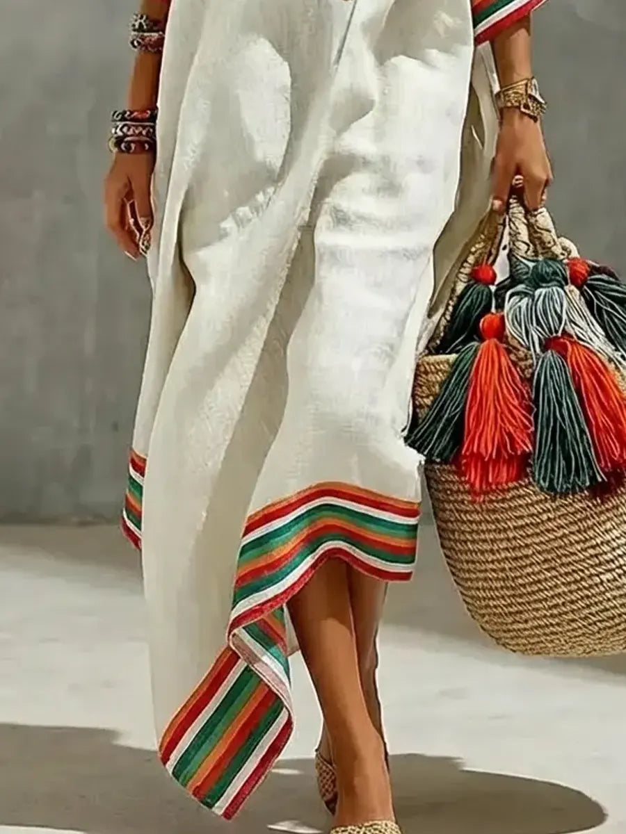 Women's Retro Striped Art Casual Vacation Cotton Linen Dress