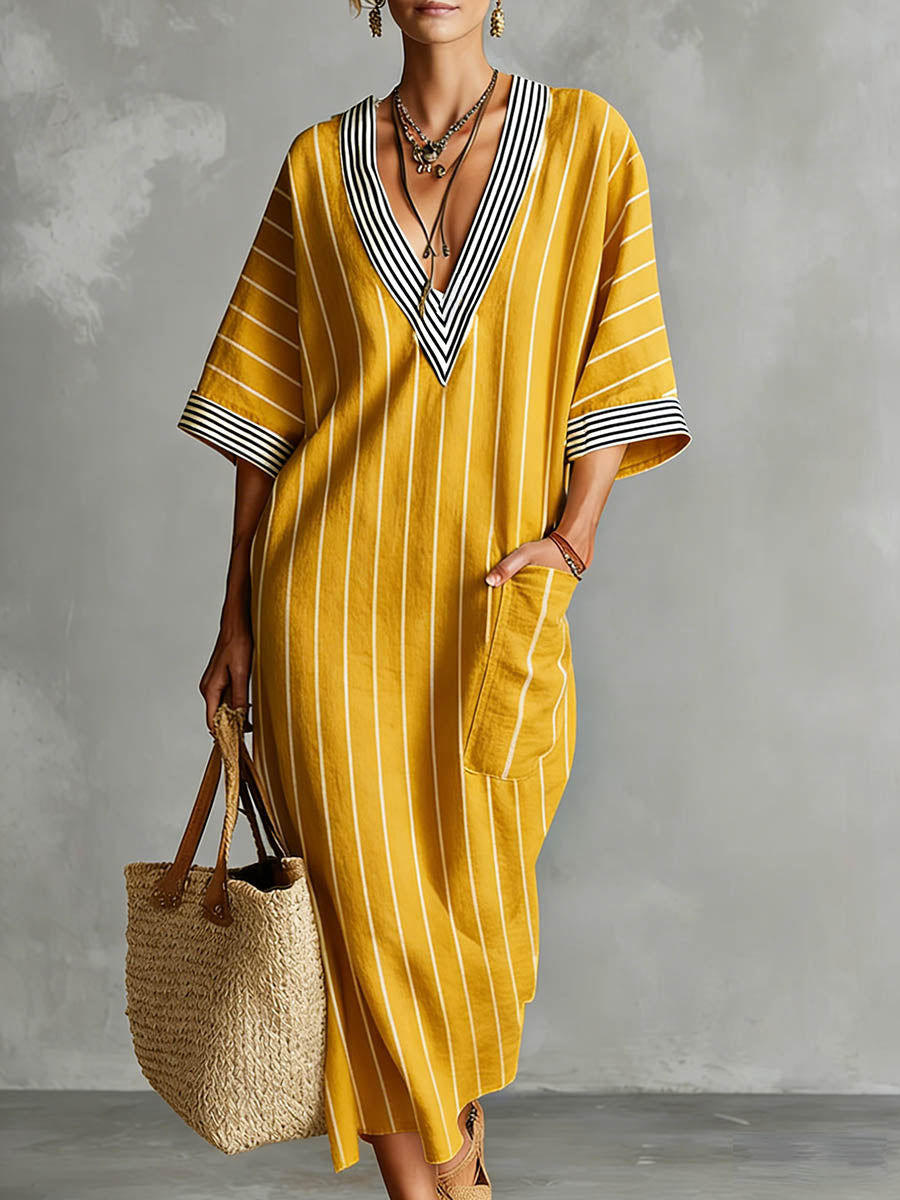 Women's Striped Printed V-neck 3/4 Sleeve Casual Loose Cotton Linen Dress