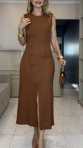 Brown Sleeveless Button‐Front Midi Dress