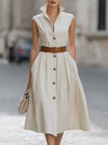 Sleeveless Stand Collar Belted Midi Dress With Brown Buttons