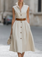 Sleeveless Stand Collar Belted Midi Dress With Brown Buttons