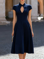 Navy Blue Mandarin Collar Keyhole Cap Sleeve Pleated A-Line Midi Dress