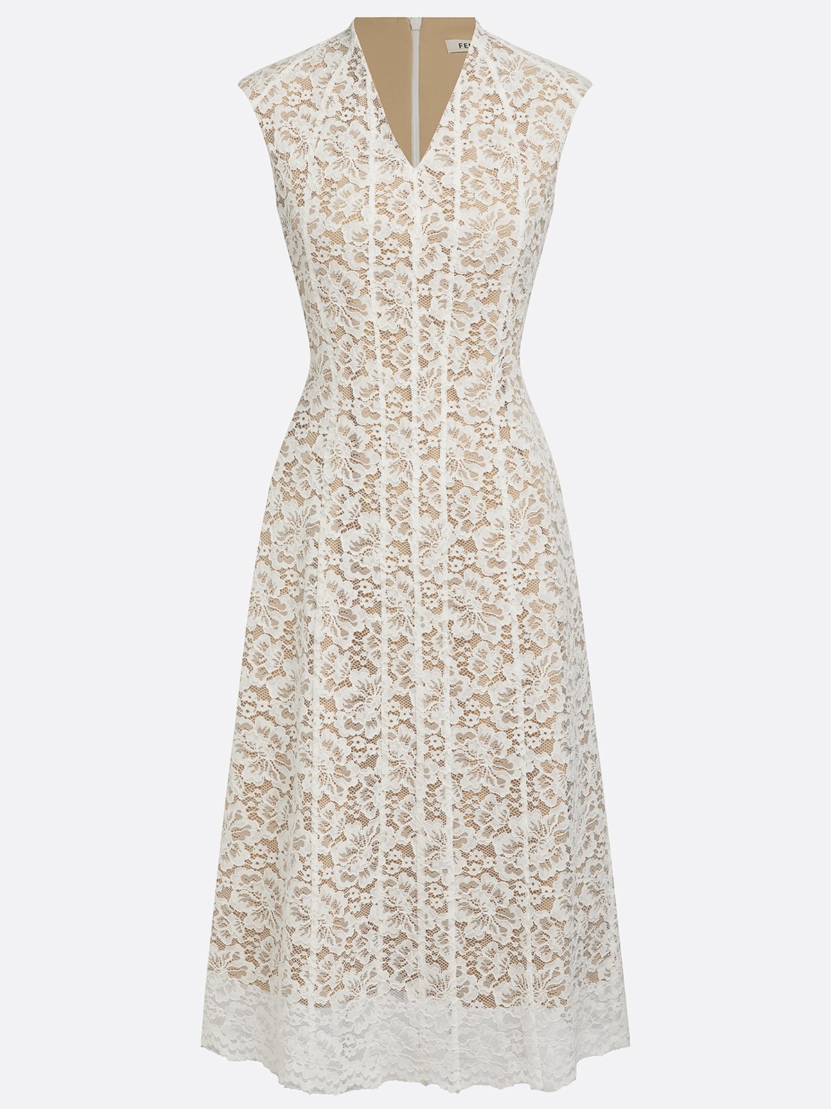 White Lace V Neck Sleeveless A-Line Midi Dress