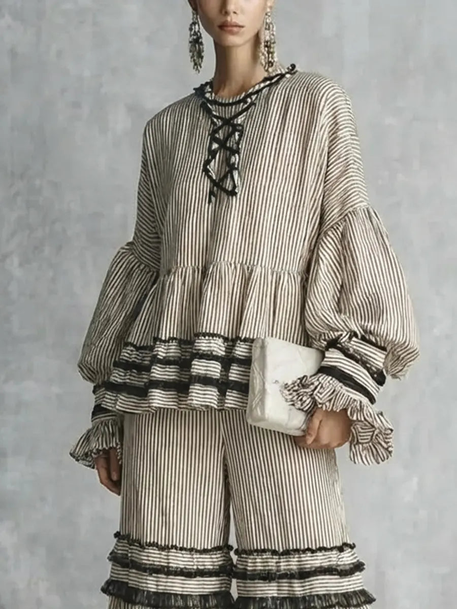 Women's Retro Striped Ruffled Art Casual Stylish Vacation Top And Pants Cotton Linen Suits