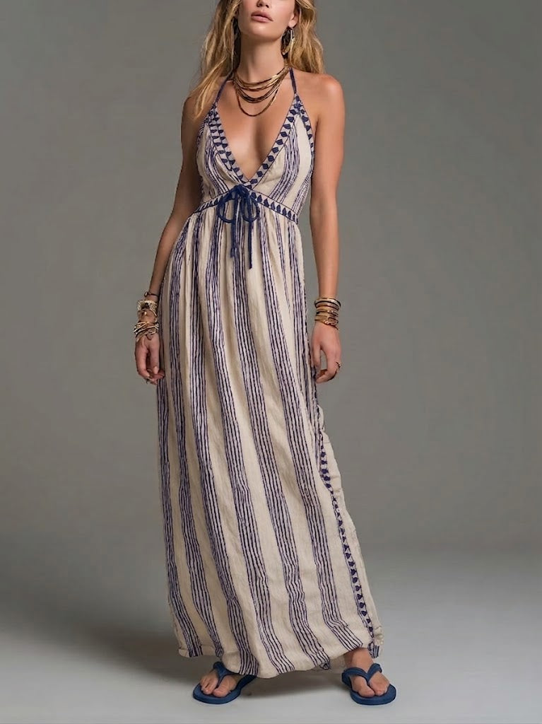 Bohemian Sleeveless Striped Linen And Cotton Dress