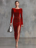 Elegant Round Neck Button-down Side Slit Long Sleeve Velvet Midi Dress