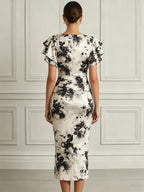 Monochrome Bloom Flutter-Sleeve Midi Dress