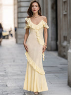 Ruffled Cold-Shoulder Knit Bodycon Midi Dress
