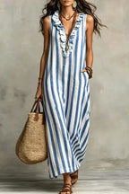 Women's Retro Striped Ruffle Sleeveless Dress