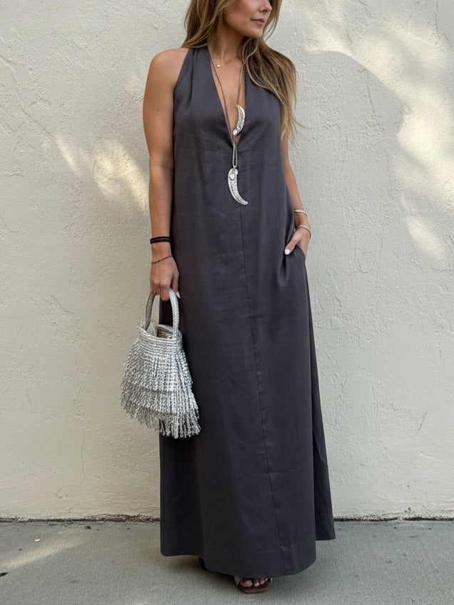 Stylish Elegant Minimalist Halter Neck Linen Maxi Dress