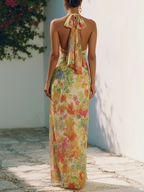 Yellow Floral Bow Chiffon Halter Neck Sleeveless Sheath Floor-length Gown Dress