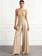 Women Champagne Lace Halter Neck Sleeveless Dressy Jumpsuit