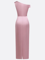 Pink Satin One Shoulder Sleeveless Sheath Gown Dress