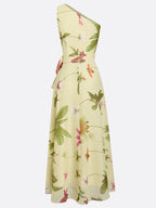 Yellow Floral Bow Chiffon One Shoulder Sleeveless A-Line Maxi Dress