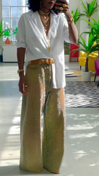 White Shirt Gold Rhinestone Wide Leg Pants Set