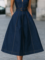 Elegant Dark Blue Denim Halter Neck Belted Midi Dress
