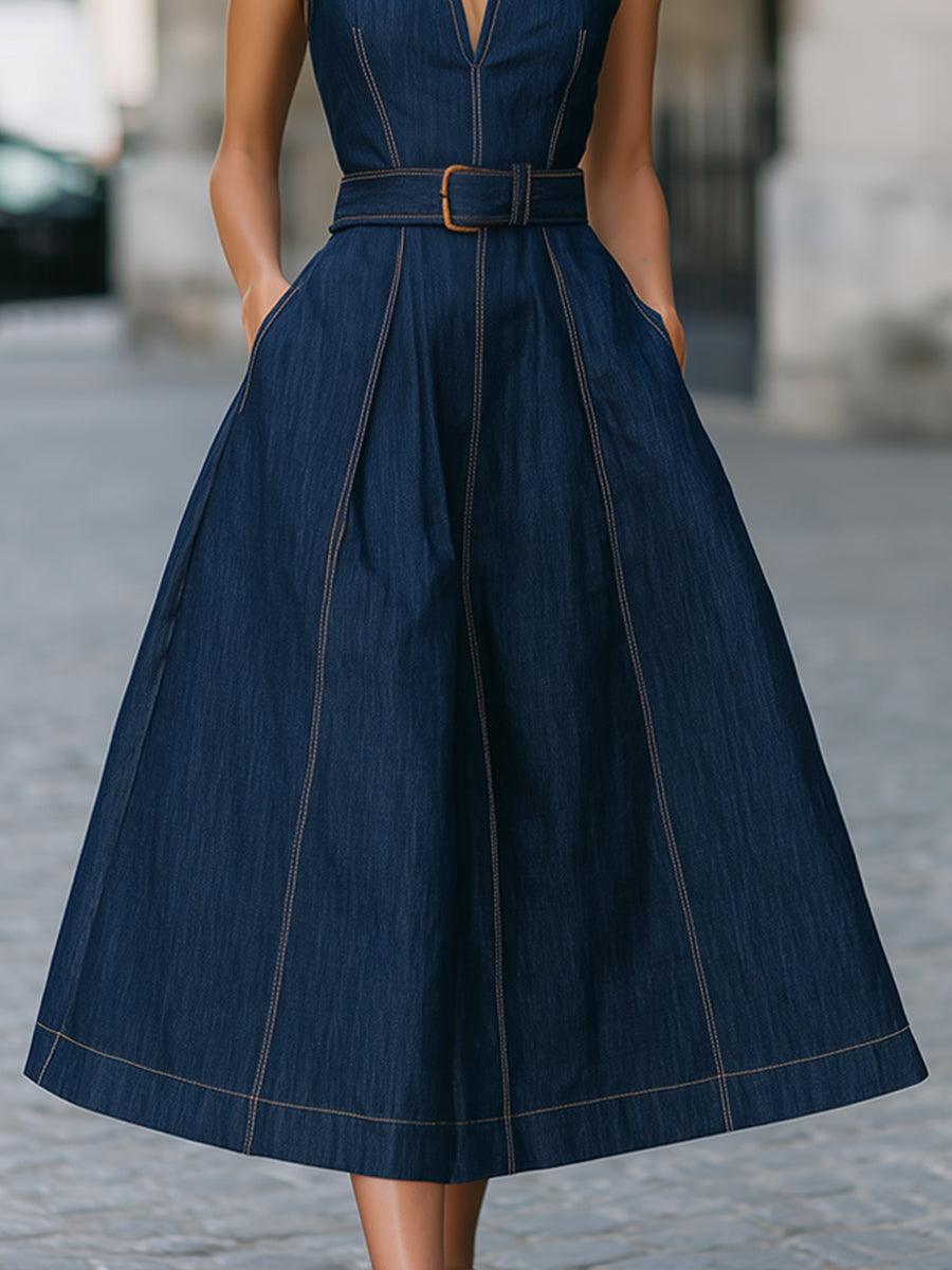 Elegant Dark Blue Denim Halter Neck Belted Midi Dress