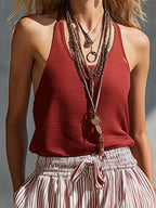 Vest + Striped Cotton-linen Wide-leg Pants Set