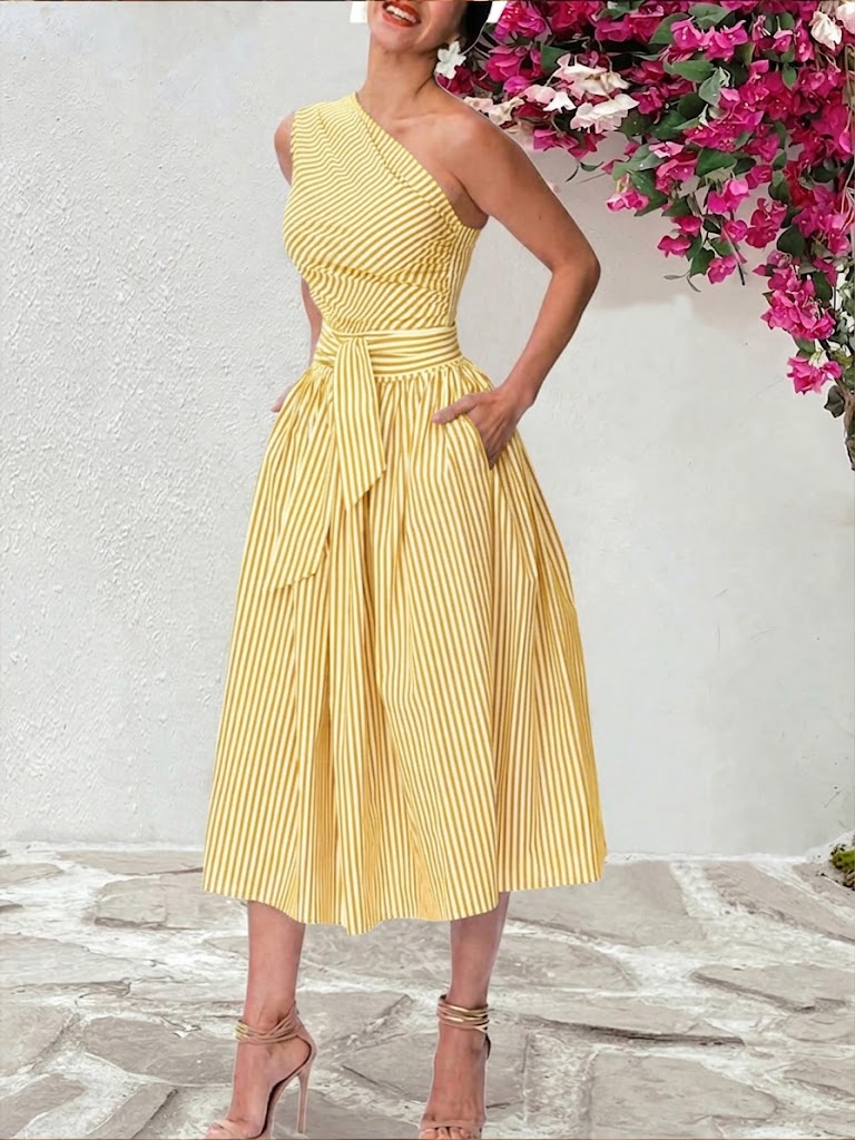 Stylish And Elegant Striped One-shoulder Cotton Dress