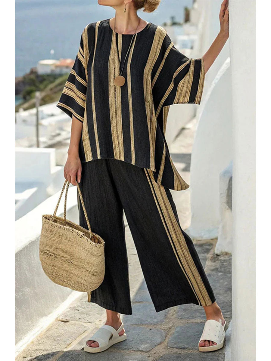 Women's Loose-fitting Casual Versatile Color-blocked Round Neck Flutter Sleeve Shirt Set
