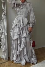 Silver Grey Tie Neck Ruffle Hem Chiffon Maxi Dress