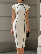 High-Neck Black Piping Cap-Sleeve Bodycon Midi Dress