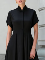 Stand Collar Pleated A-Line Maxi Dress